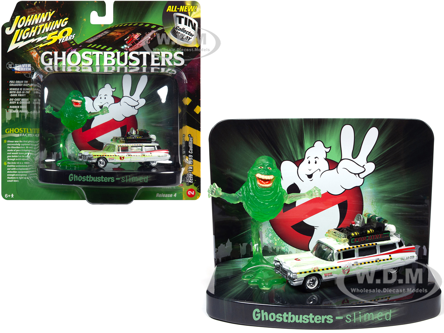 1959 Cadillac Ecto-1a Ambulance (slimed) With Slimer Figurine "ghostbusters" Movie Diorama "johnny Lightning 50th Anniversary" 1/64 Diecast Model Car