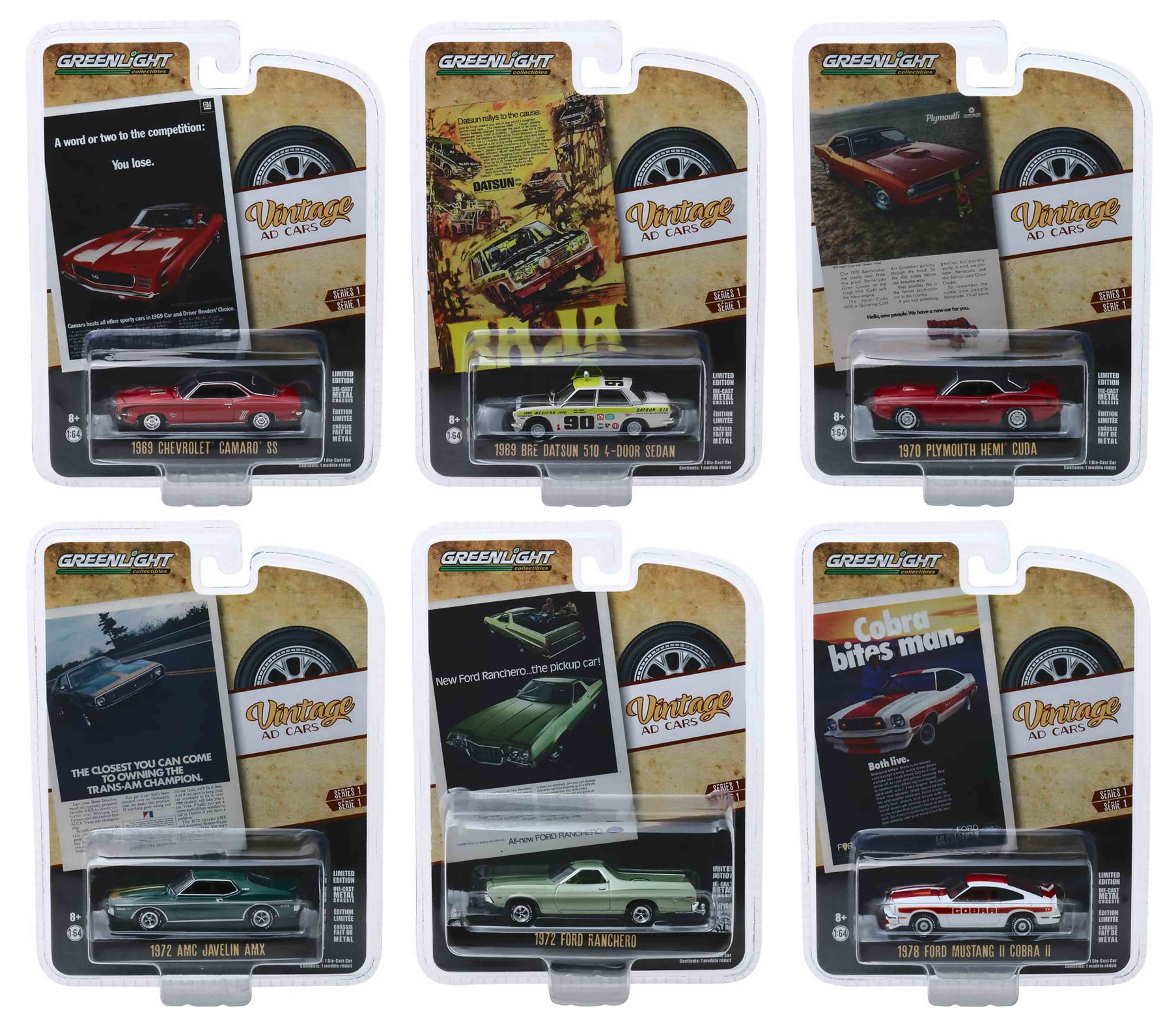 "Vintage Ad Cars" Series 1 6 piece Set 1/64 Diecast Model Cars by Greenlight