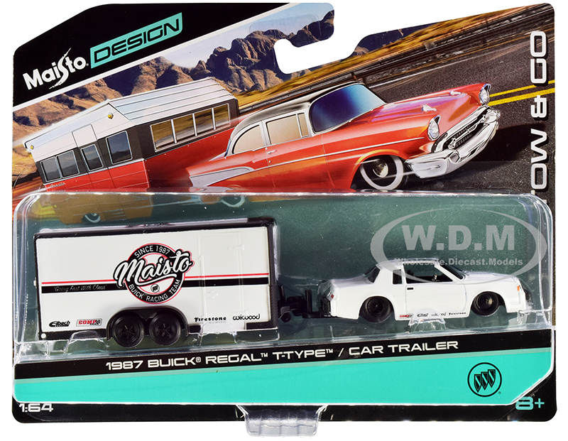 1987 Buick Regal T-Type and Enclosed Car Trailer White Tow &amp; Go Series 1/64 Diecast Model Car by Maisto