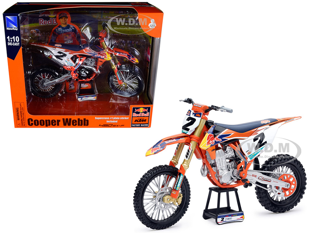KTM 450 SX-F 2 Cooper Webb with Supercross 1 Plate Stickers "Red Bull KTM Factory Racing" 1/10 Diecast Motorcycle Model by New Ray
