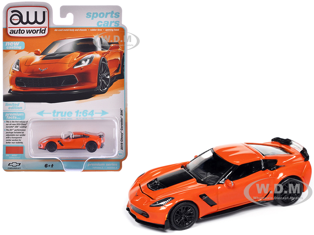 2019 Chevrolet Corvette Z06 Sebring Orange with Black Hood Sports Cars Series 1/64 Diecast Model Car by Auto World