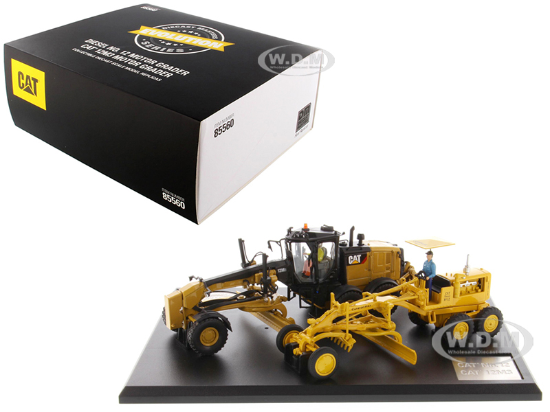 Cat Caterpillar No. 12 Motor Grader (Circa 1939-1959) and Cat Caterpillar 12M3 Motor Grader (Current) with Operators Evolution Series Set of 2 pieces 1/50 Diecast Models by Diecast Masters