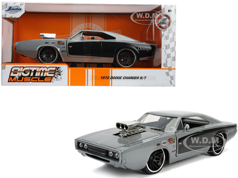 Image of 1970 Dodge Charger R/T with Blower Gray Metallic and Black "Bigtime Muscle" 1/24 Diecast Model Car by Jada