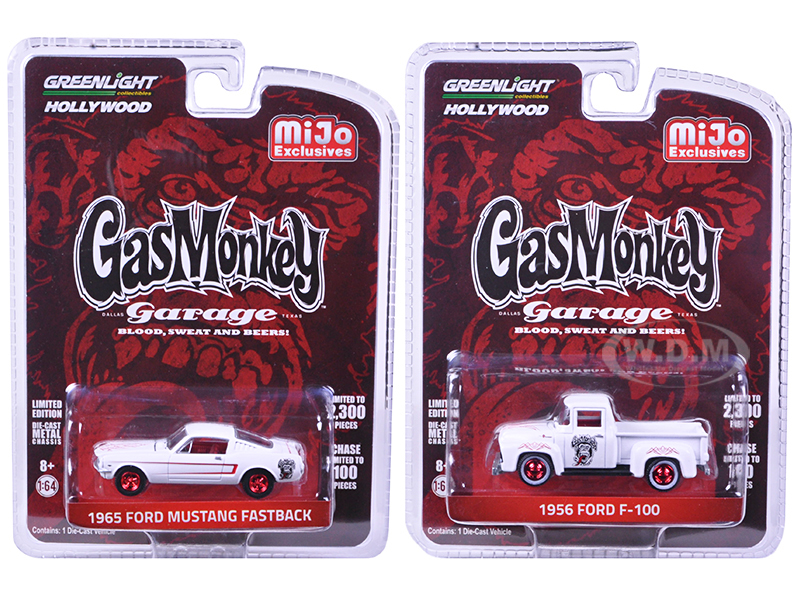 1956 Ford F-100 Pickup Truck And 1965 Ford Mustang Fastback White Set Of 2 Cars "gas Monkey Garage" (2012-current Tv Series) 1/64 Diecast Model Cars