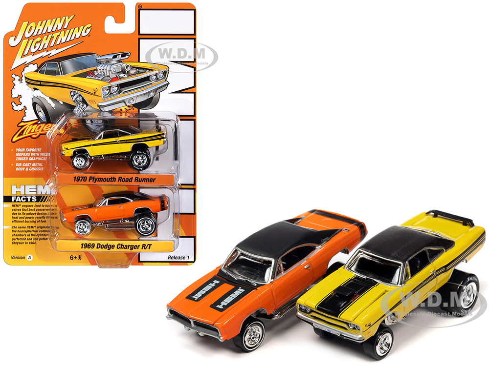 1970 Plymouth Road Runner Yellow with Black Gator Top and Black Stripes and 1969 Dodge Charger R/T HEMI Orange with Black Top and Tail Stripe Zingers! Set of 2 Cars 2-Packs 2023 Release 1 1/64 Diecast Model Cars by Johnny Lightning