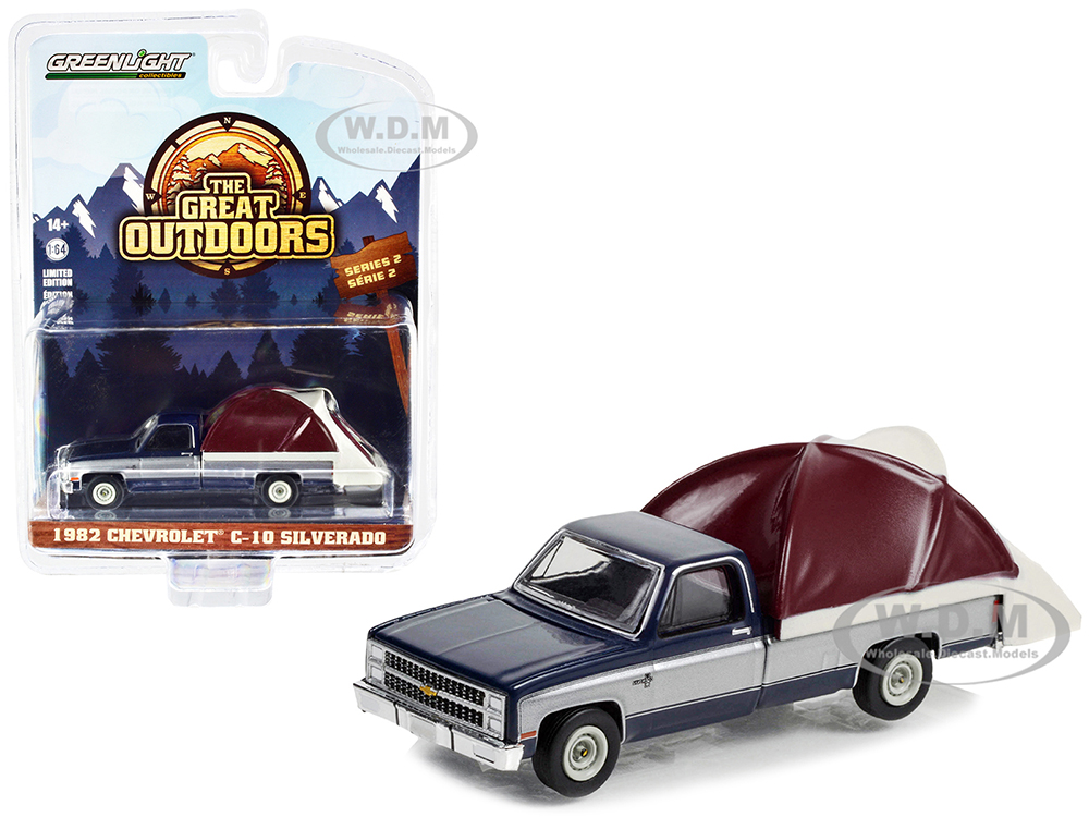 1982 Chevrolet C-10 Silverado Pickup Truck Blue and Silver with Modern Truck Bed Tent 