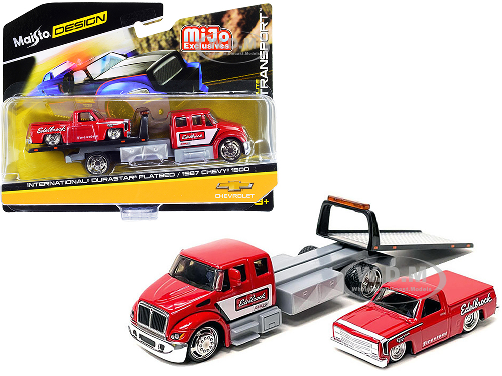 International DuraStar Flatbed Truck and 1987 Chevrolet 1500 Pickup Truck with Bed Cover Red with Graphics "Edelbrock" "Elite Transport" Series 1/64