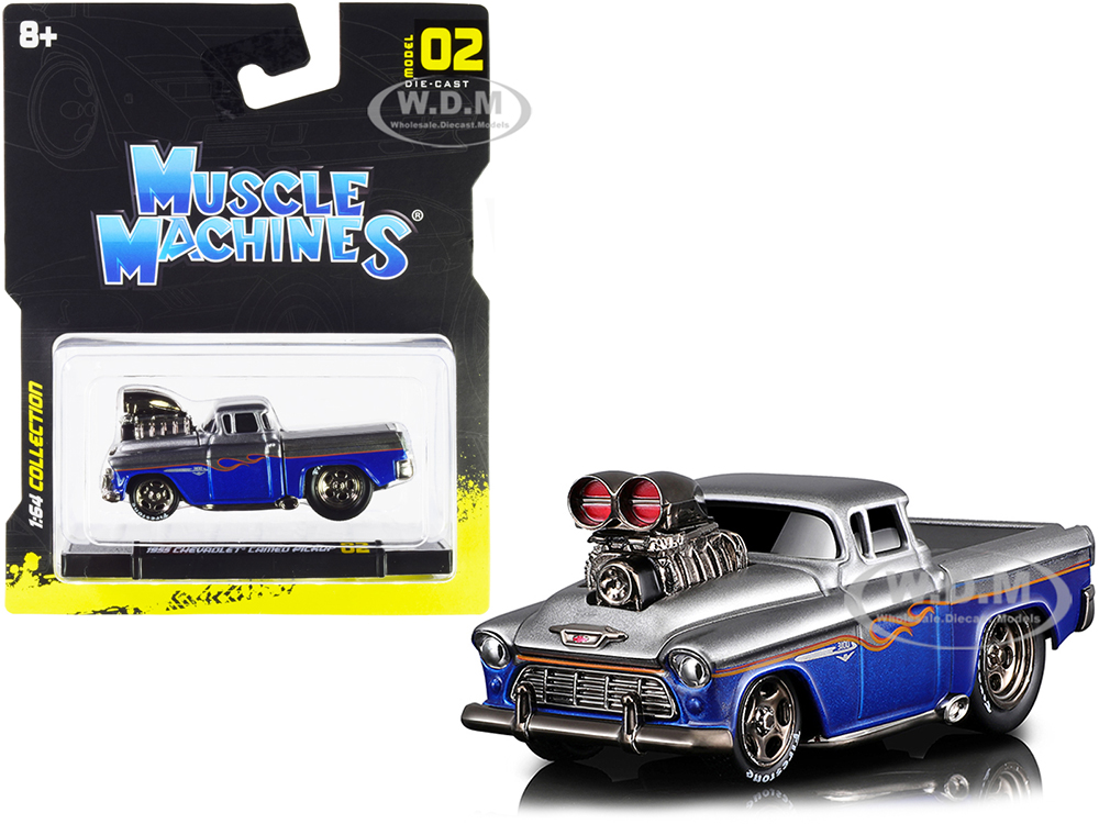 1955 Chevrolet Cameo Pickup Truck Gray and Blue Metallic with Flames 1/64 Diecast Model Car by Muscle Machines