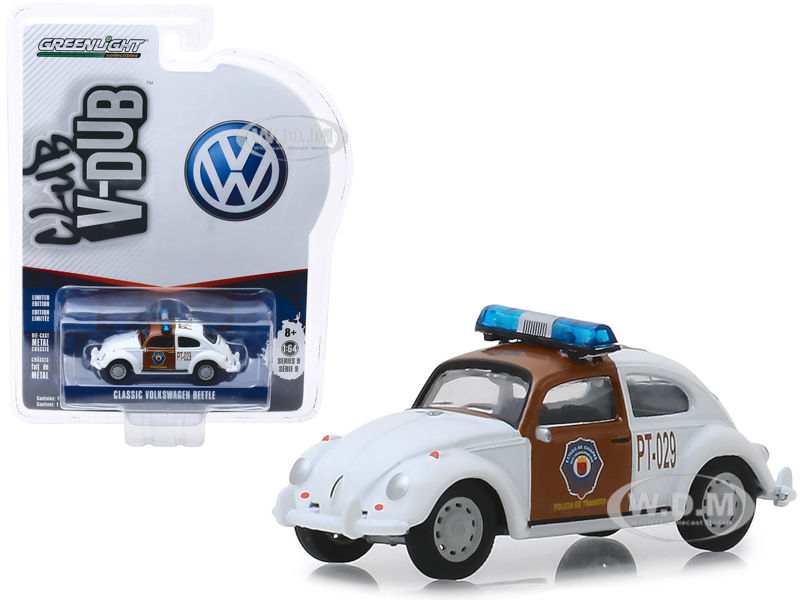 Classic Volkswagen Beetle "chiapas Mexico Traffic Police" White And Brown "club Vee V-dub" Series 9 1/64 Diecast Model Car By Greenlight