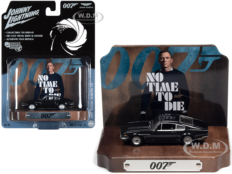 1987 Aston Martin V8 Cumberland Gray with Collectible Tin Display 007 (James Bond) No Time to Die (2021) Movie (25th in the James Bond Series) 1/64 Diecast Model Car by Johnny Lightning