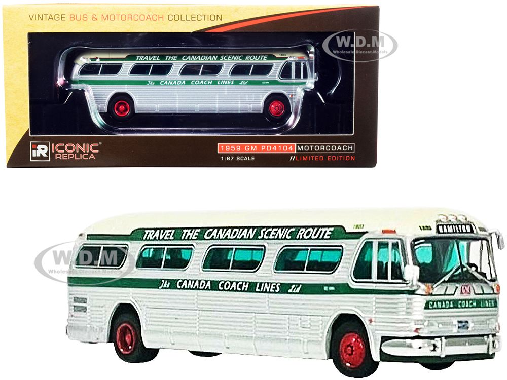 1959 GM PD4104 Motorcoach Bus "Hamilton" "Canada Coach Lines" Silver and Cream with Green Stripes "Vintage Bus &amp; Motorcoach Collection" 1/87 (HO)
