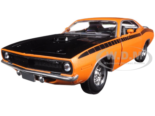 1970 Plymouth Cuda Orange With Black Hood And Stripes 1/24 Diecast Model Car By New Ray