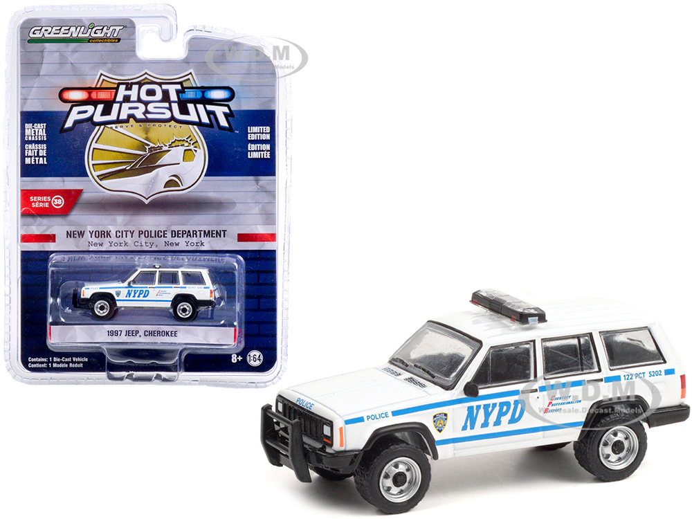 1997 Jeep Cherokee White with Blue Stripes NYPD "New York City Police Dept" (New York) "Hot Pursuit" Series 38 1/64 Diecast Model Car by Greenlight