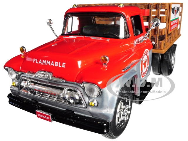 1957 Chevrolet Stake Bed Truck Red/metal With 3 Oil Drums "texaco" "aviation Fuels & Lubricants" Brushed Metal Edition 1/25 Diecast Model By Auto