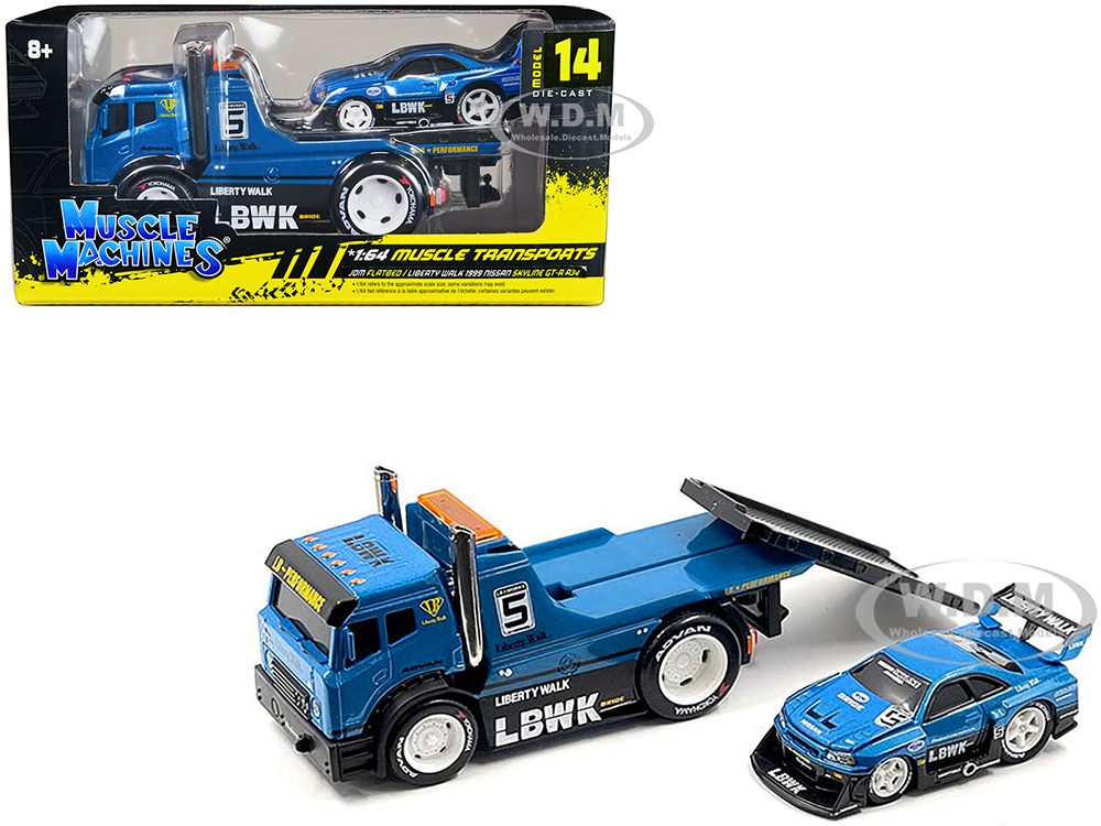 JDM Flatbed Truck 5 Blue Metallic "Liberty Walk (LBWK)" and 1999 Nissan Skyline GT-R (R34) 5 Blue Metallic "Liberty Walk (LBWK)" "Muscle Transports"