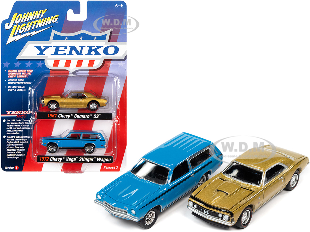 1967 Chevrolet Camaro SS Gold Metallic and 1972 Chevrolet Vega Stinger Wagon Blue YENKO Set of 2 Cars 1/64 Diecast Model Cars by Johnny Lightning