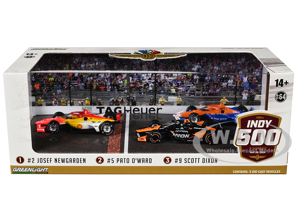 "108th Indianapolis 500" (2024) Podium Set of 3 IndyCars 1/64 Diecast Model Cars by Greenlight