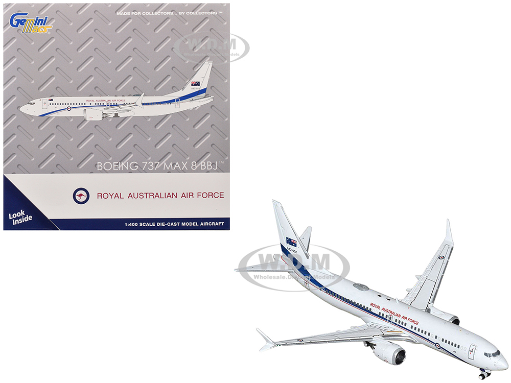 Boeing 737 MAX 8 BBJ Transport Aircraft Royal Australian Air Force (RAAF) (A62-002) White with Blue Stripes Gemini Macs Series 1/400 Diecast Model Airplane by GeminiJets