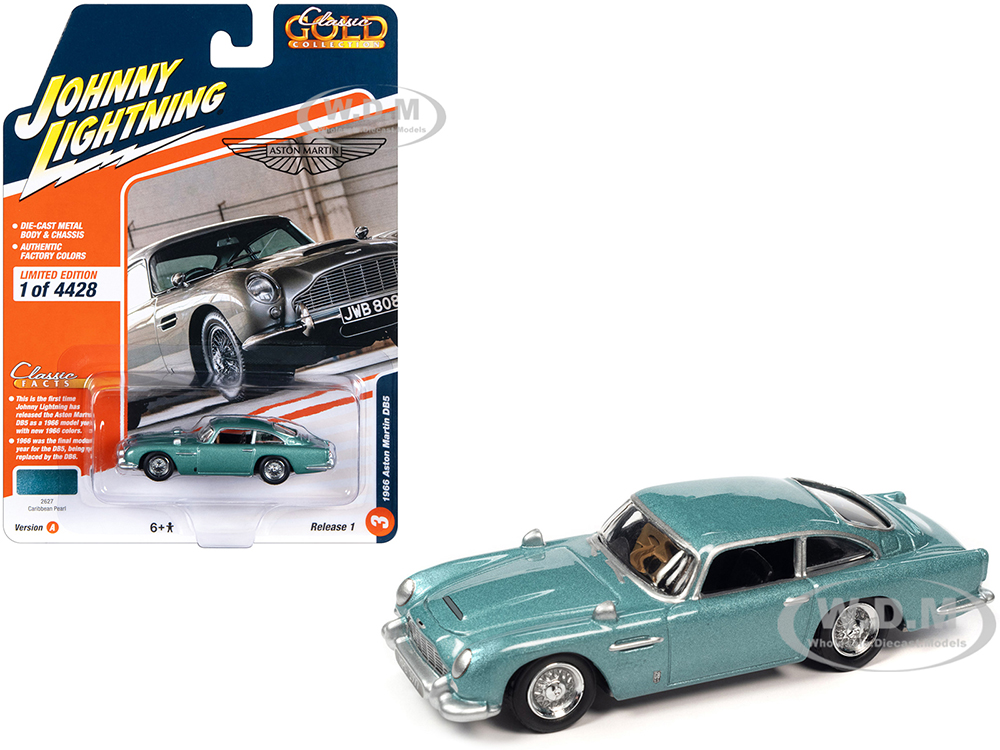 1966 Aston Martin DB5 RHD (Right Hand Drive) Caribbean Pearl Blue Metallic Classic Gold Collection 2023 Release 1 Limited Edition to 4428 pieces Worldwide 1/64 Diecast Model Car by Johnny Lightning