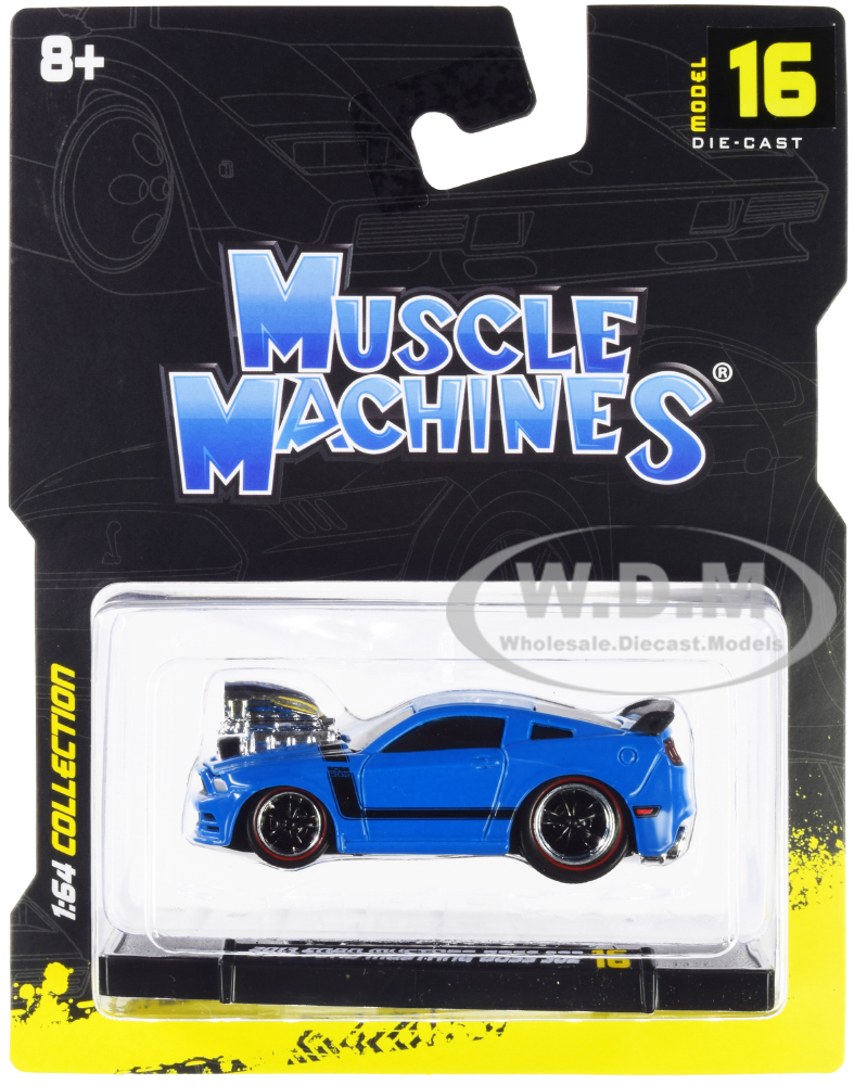 2013 Ford Mustang Boss 302 Light Blue with Black Stripes 1/64 Diecast Model Car by Muscle Machines