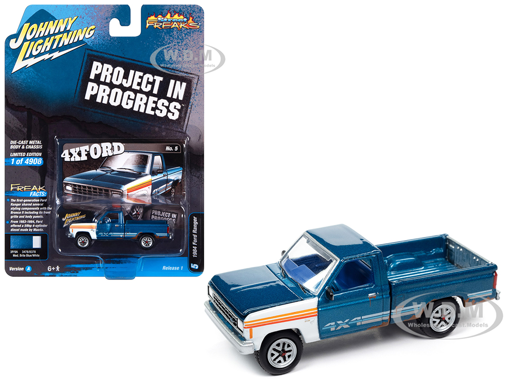 1984 Ford Ranger 4x4 Pickup Truck Medium Brite Blue Metallic with Mismatched Panels Project in Progress Limited Edition to 4908 pieces Worldwide Street Freaks Series 1/64 Diecast Model Car by Johnny Lightning