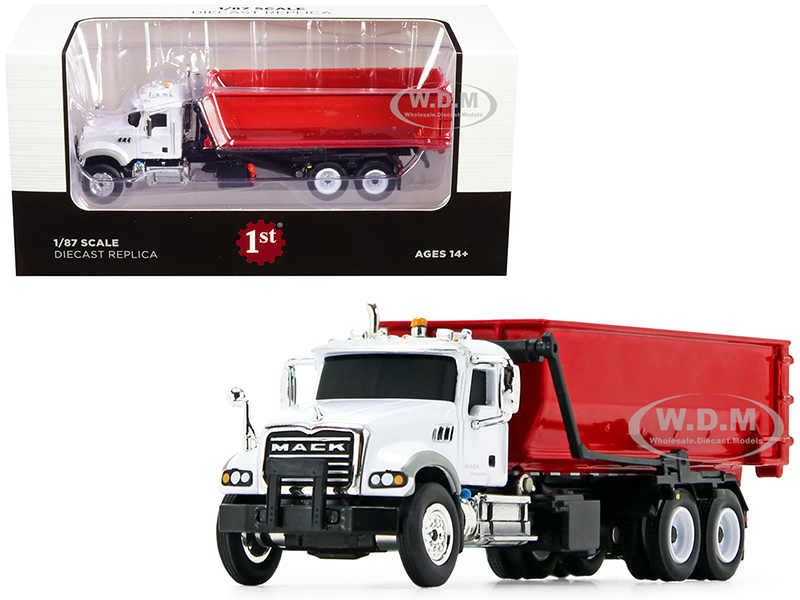 Image of Mack Granite with Tub-Style Roll-Off Container Dump Truck White and Red 1/87 Diecast Model by First Gear