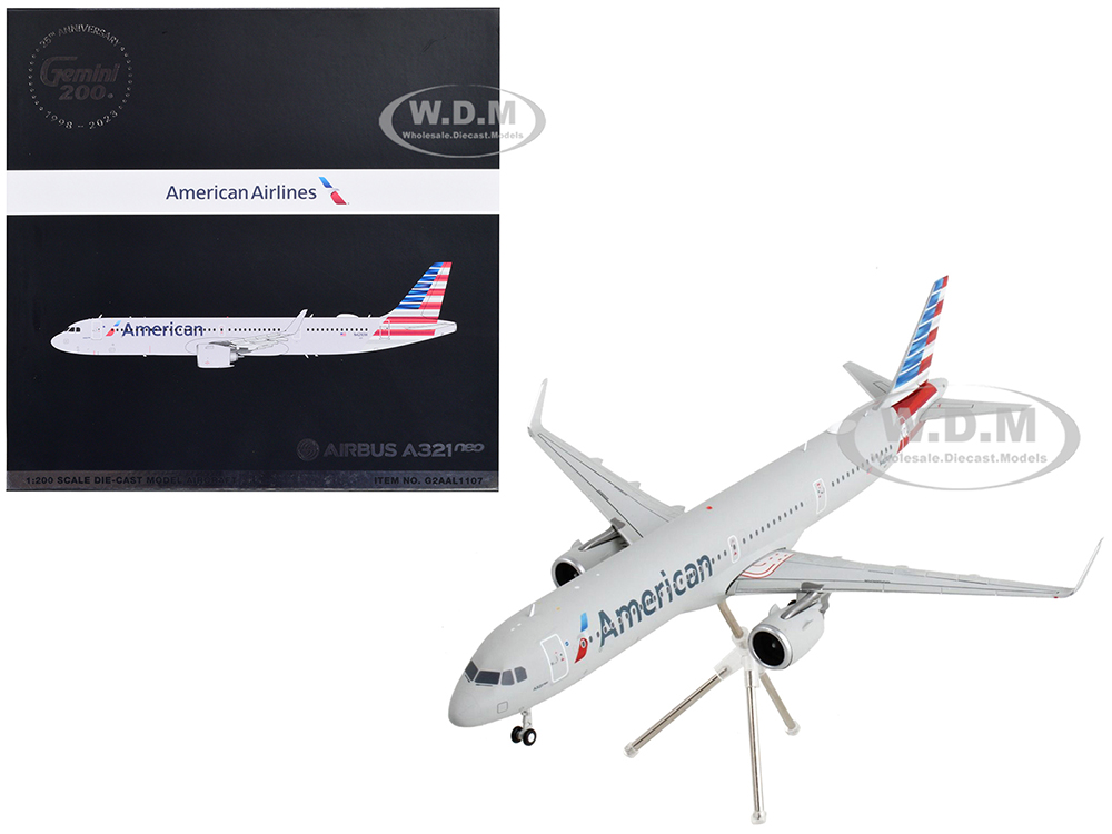 Airbus A321neo Commercial Aircraft American Airlines Silver with Striped Tail Gemini 200 Series 1/200 Diecast Model Airplane by GeminiJets