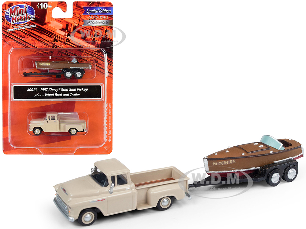 1957 Chevrolet Stepside Pickup Truck Beige With Wood Boat And Trailer 1/87 (ho) Scale Model Car By Classic Metal Works