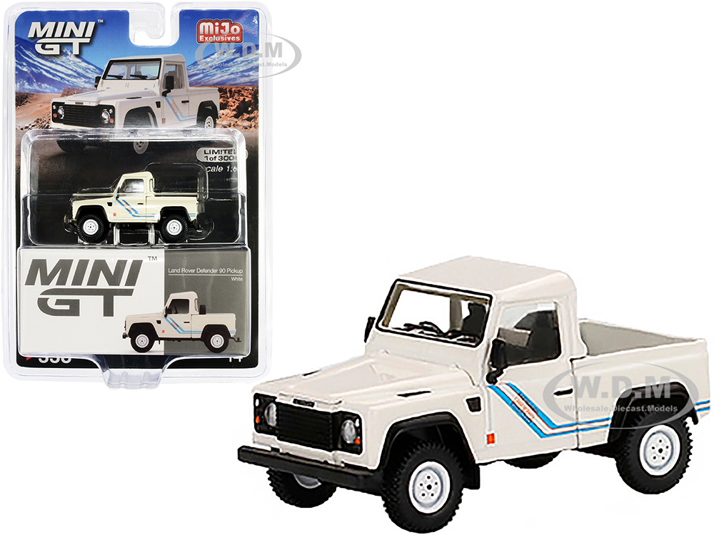 Land Rover Defender 90 Pickup Truck White with Blue Stripes Limited Edition to 3000 pieces Worldwide 1/64 Diecast Model Car by True Scale Miniatures