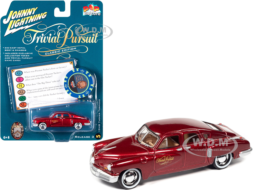 1948 Tucker Torpedo Red Maroon Metallic Tucker: The Man and His Dream (1988) Movie with Poker Chip (Collector Token) and Game Card Trivial Pursuit Pop Culture Series 3 1/64 Diecast Model Car by Johnny Lightning