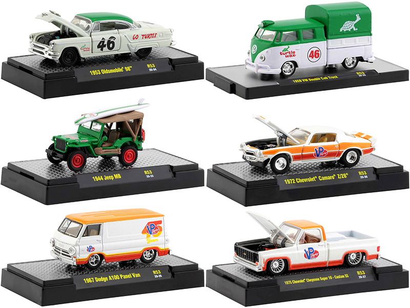"Auto Meets" Set of 6 Cars IN DISPLAY CASES Release 53 1/64 Diecast Model Cars by M2 Machines