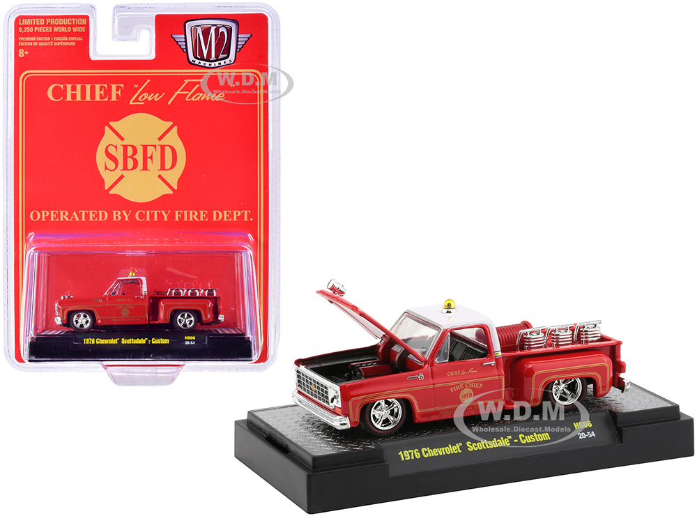 1976 Chevrolet Scottsdale Custom Square Body Fire Truck Red Fire Chief Low Flame SBFD Operated by City Fire Department Limited Edition to 8250 pieces Worldwide 1/64 Diecast Model Car by M2 Machines