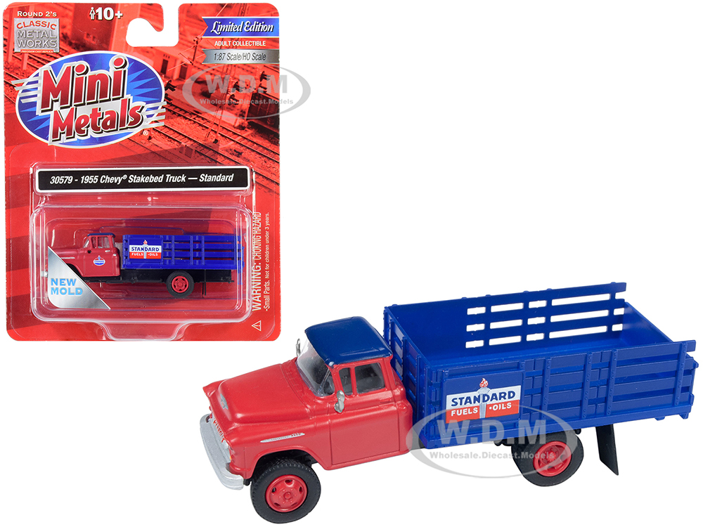 Image of 1955 Chevrolet Stakebed Truck "Standard Oil" Red and Blue 1/87 (HO) Scale Model by Classic Metal Works