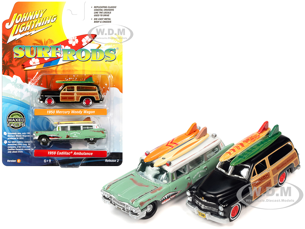 1950 Mercury Woody Wagon Matt Black w/ Wood Panels Nomad Surf Shop &amp; 1959 Cadillac Ambulance Teal w/ Surf Shark Graphics &amp; White Top Rusted Malibu Beach Rescue Surf Rods Set 2 Cars 2-Packs 2023 Release 2 1/64 Diecast Models by Johnny Lightning
