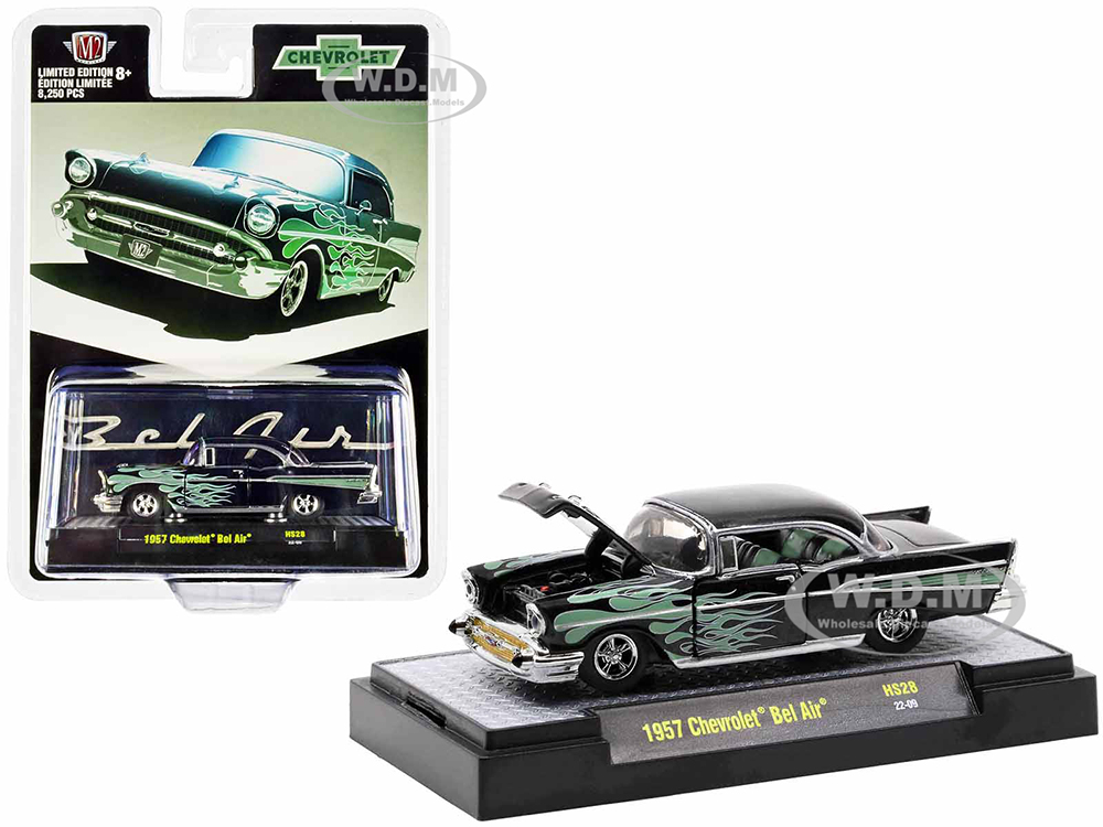 1957 Chevrolet Bel Air Black Metallic with Green Flames Limited Edition to 8250 pieces Worldwide 1/64 Diecast Model Car by M2 Machines
