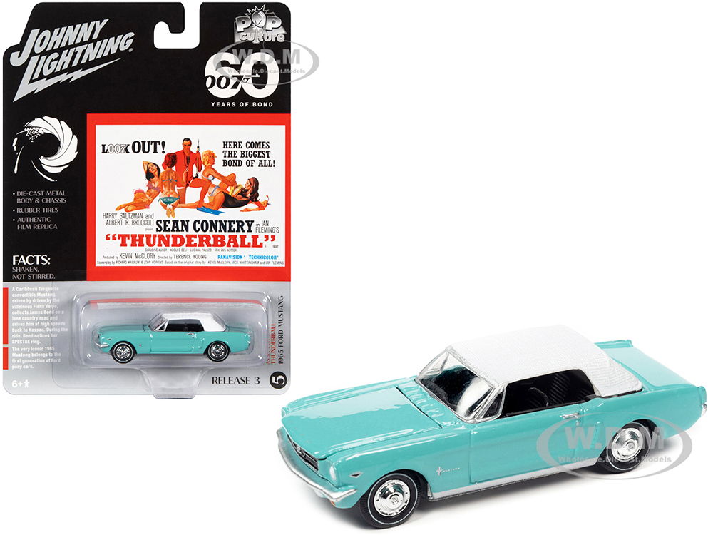 1965 Ford Mustang Light Blue with White Top James Bond 007 Thunderball (1965) Movie Pop Culture 2022 Release 3 1/64 Diecast Model Car by Johnny Lightning