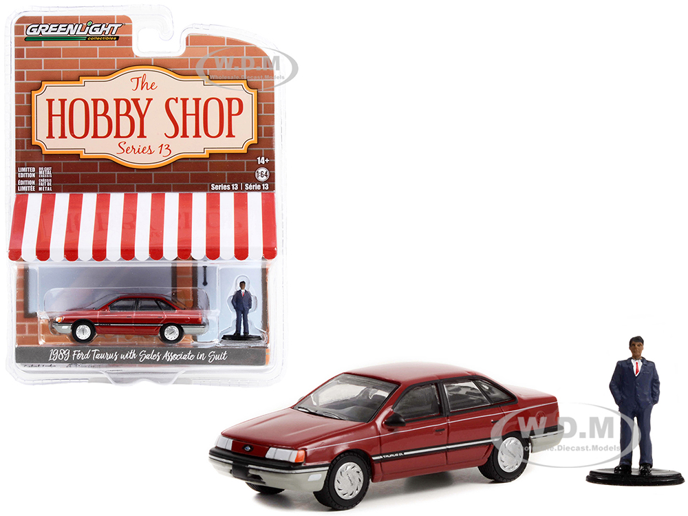 1989 Ford Taurus Red with Black Stripes and Sales Associate in Suit Figure "The Hobby Shop" Series 13 1/64 Diecast Model Car by Greenlight