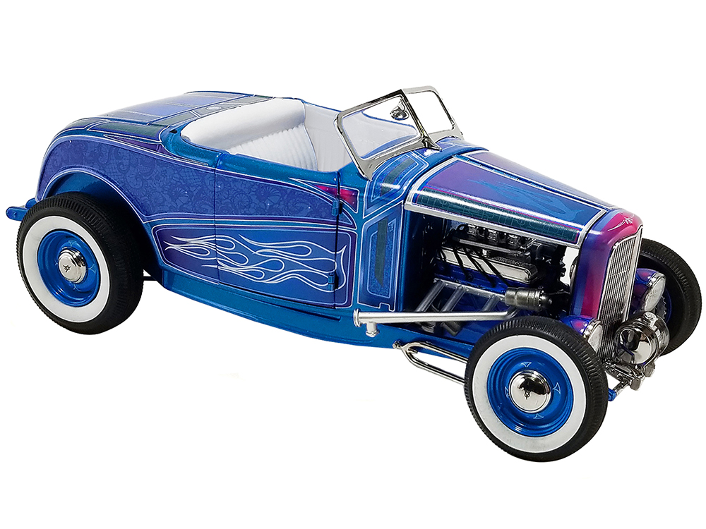 1932 Ford Roadster Hot Rod Blue Metallic with Flames and White Interior Limited Edition to 468 pieces Worldwide 1/18 Diecast Model Car by ACME
