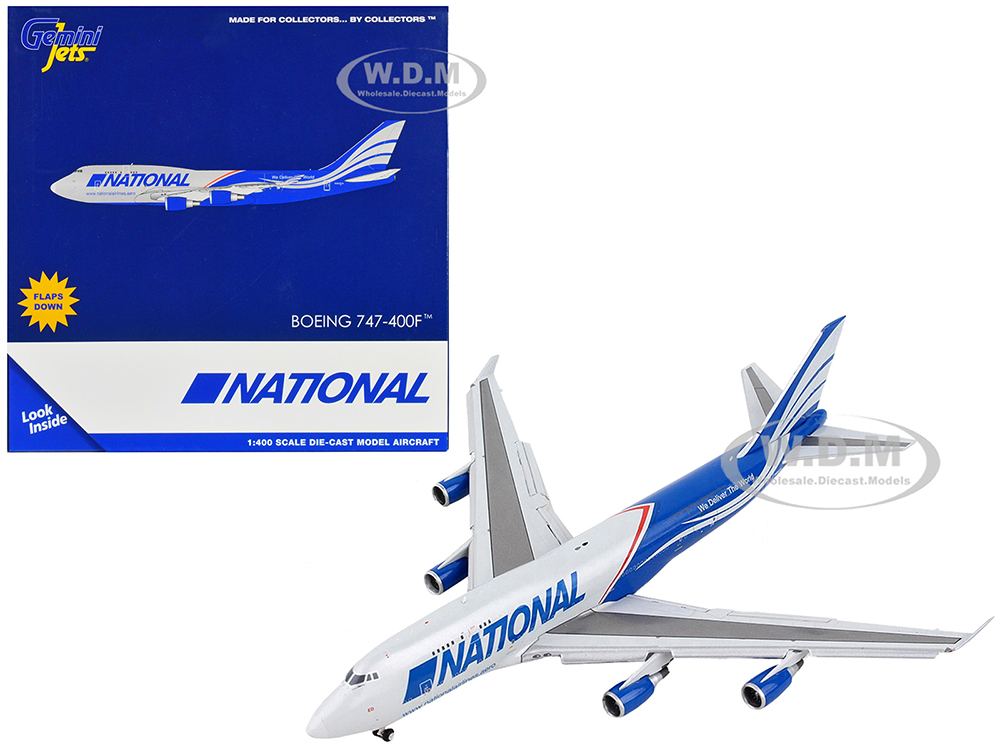 Boeing 747-400F Commercial Aircraft with Flaps Down National Airlines Gray and Blue 1/400 Diecast Model Airplane by GeminiJets