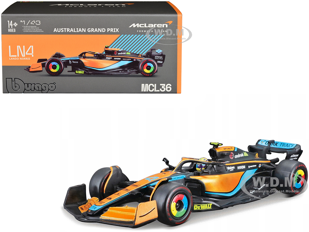 McLaren MCL36 4 Lando Norris Formula One F1 "Australian GP" (2022) with Display Case 1/43 Diecast Model Car by Bburago