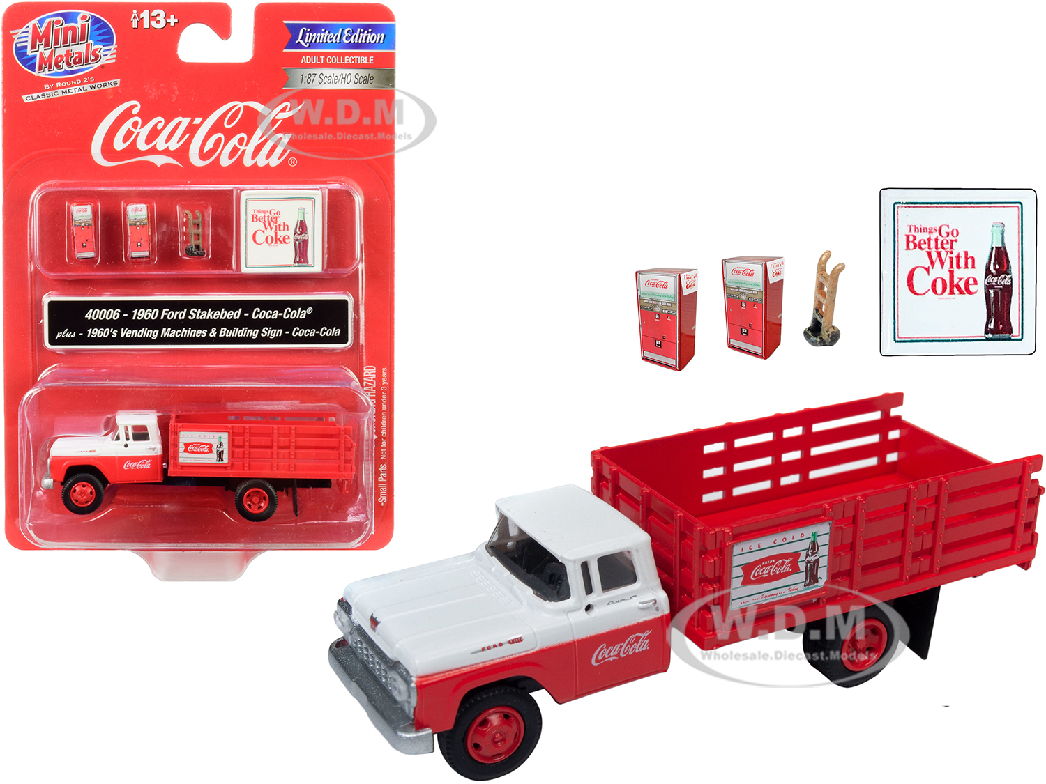 1960 Ford Stake Bed Truck "coca-cola" Red And White With Two 1960s Vending Machines Hand Truck And Building Sign "coca-cola" 1/87 (ho) Scale Model By
