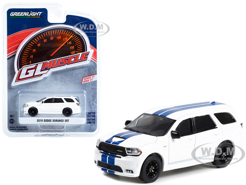 2019 Dodge Durango SRT White with Blue Stripes "Greenlight Muscle" Series 27 1/64 Diecast Model Car by Greenlight