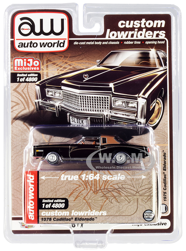 1975 Cadillac Eldorado Black with Brown (Partial) Vinyl Top Custom Lowriders Limited Edition to 4800 pieces Worldwide 1/64 Diecast Model Car by Auto World