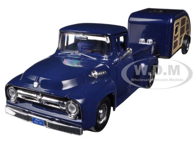 1956 Ford F-100 Pickup Truck Blue with Tear Drop Trailer 1/24 Diecast Model by Motormax