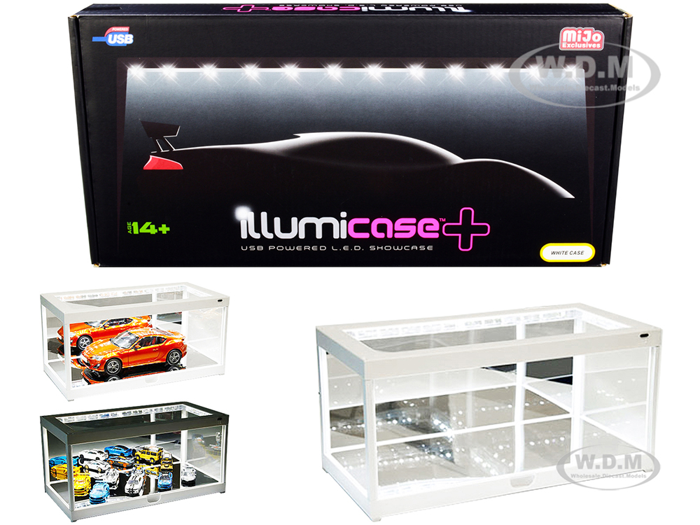 White Collectible Display Show Case Illumicase with LED Lights and Mirror Base and Back for 1/64 1/43 1/32 1/24 1/18 Scale Models by Illumibox