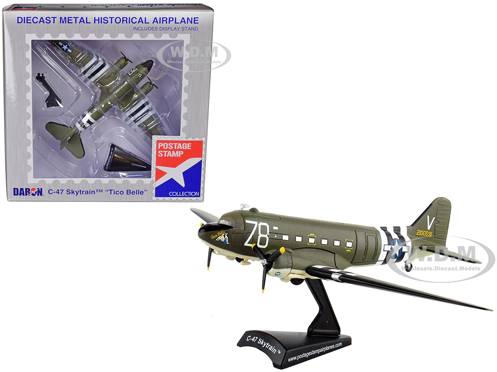 Douglas C-47 Skytrain Transport Aircraft Tico Belle 82nd Airborne Division D-Day (1945) United States Army Air Forces 1/144 Diecast Model Airplane by Postage Stamp