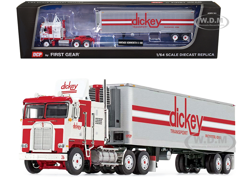 Kenworth K100 COE with 40 Vintage Refrigerated Trailer "Dickey Transport" White and Red 1/64 Diecast Model by DCP/First Gear