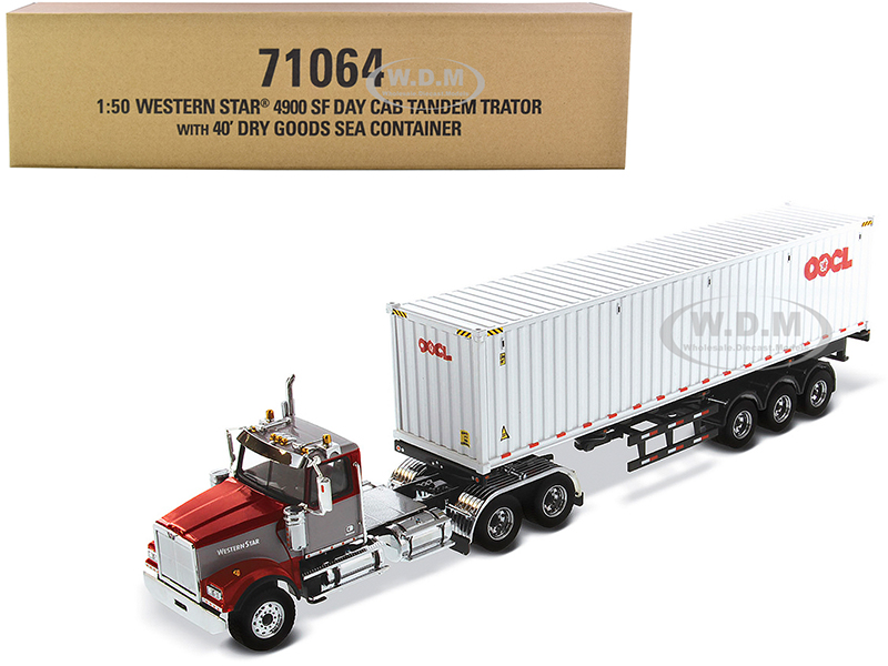 Western Star 4900 SF Tandem Day Cab Truck Tractor Red And Gray With 40 Dry Goods Sea Container OOCL White Transport Series 1/50 Diecast Model By