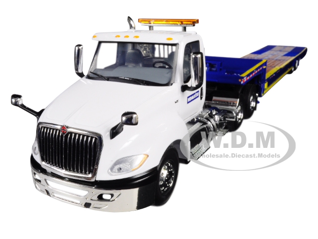 International LT Day Cab Komatsu with Ledwell Hydratail Trailer White and Blue 1/34 Diecast Model by First Gear