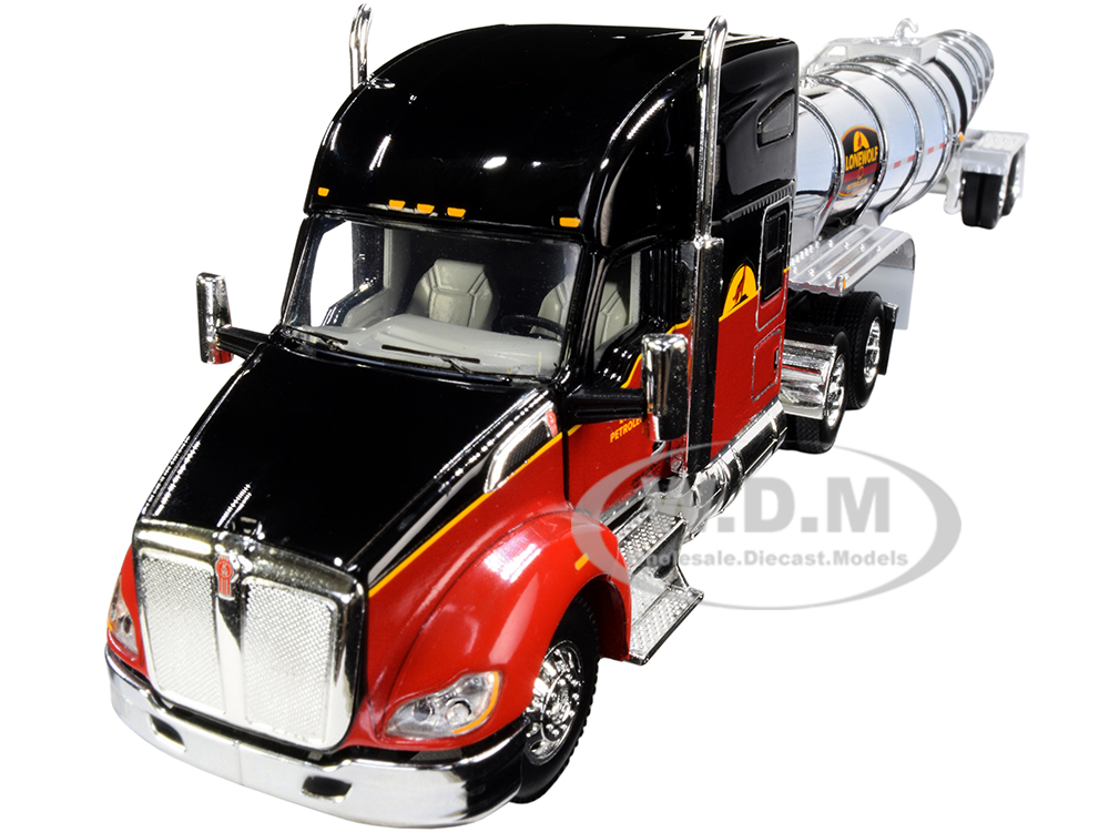 Kenworth T680 76" Mid-Roof Sleeper Cab Black and Red and Chrome Polar Deep Drop Tanker "Lonewolf Petrolum Co." 1/64 Diecast Model by DCP/First Gear